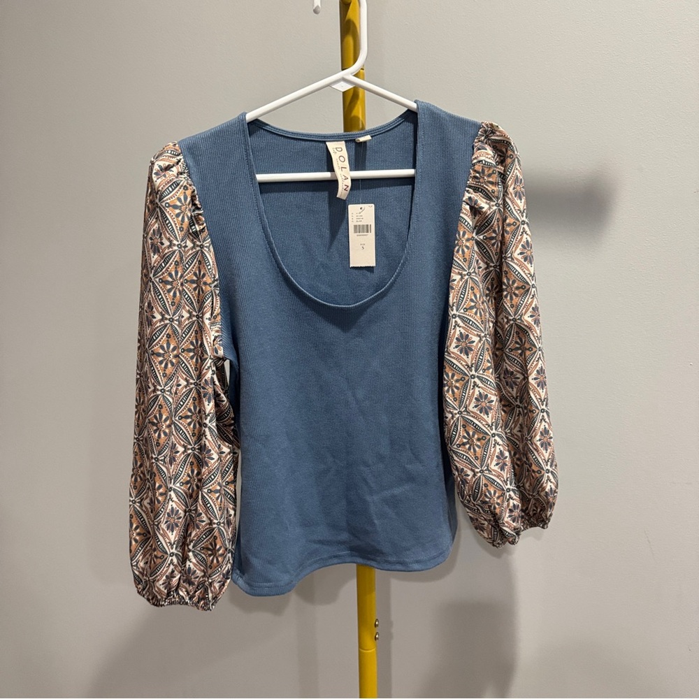 NWT!Dolan Anthropologie Top Puff Sleeve Blue Ribbed Shirt S